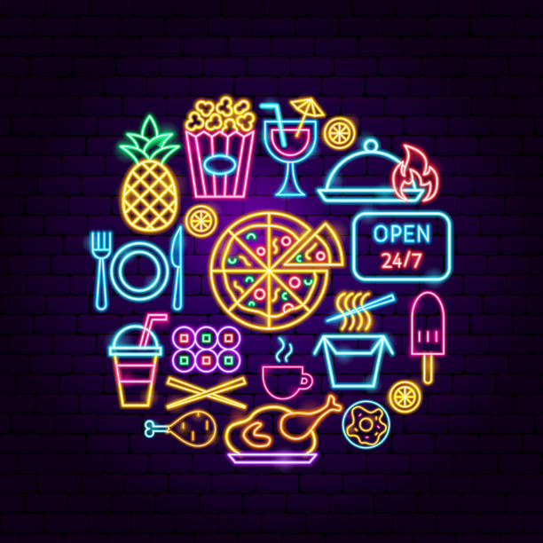 Fast Food Menu Neon Concept Fast Food Menu Neon Concept. Vector Illustration of Bar Promotion. neon sign ice cream stock illustrations