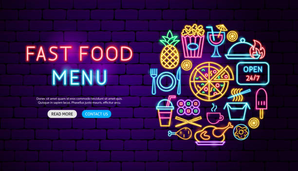 Fast Food Menu Neon Banner Design Fast Food Menu Neon Banner Design. Vector Illustration of Cafe Promotion. late night diner stock illustrations