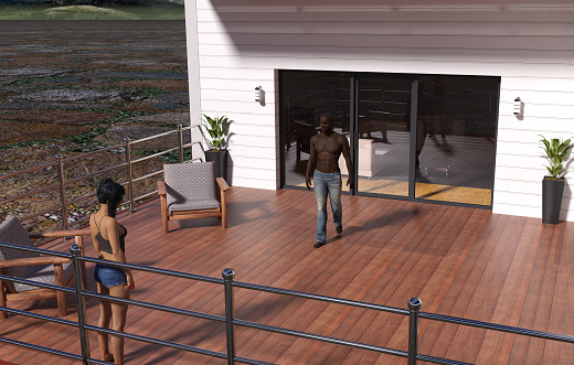 3d illustration of a man and woman on a house deck with the man walking toward the woman.