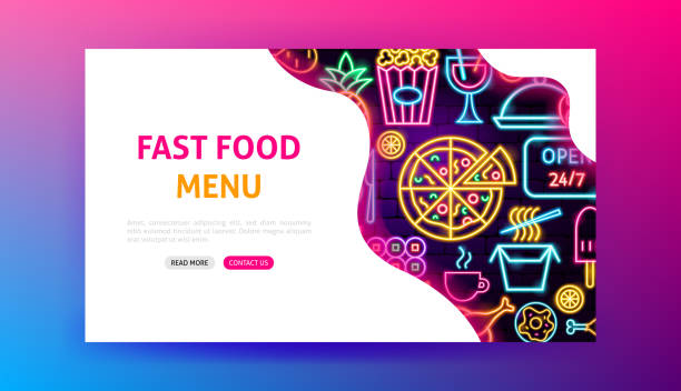 illustrazioni stock, clip art, cartoni animati e icone di tendenza di pagina di destinazione neon del menu fast food - beer backgrounds nobody bright