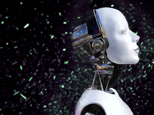 istock 3D rendering of a female robot with bokeh light effect 1124414866