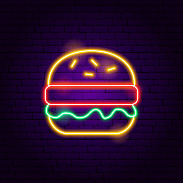 햄버거 네온 사인 - hamburger bun barbecue sign stock illustrations