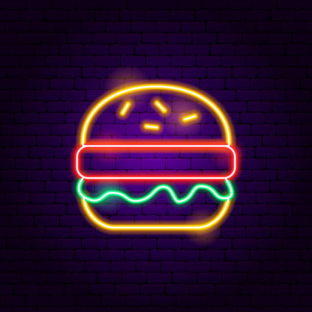 burger neon znak - hamburger bun barbecue sign stock illustrations