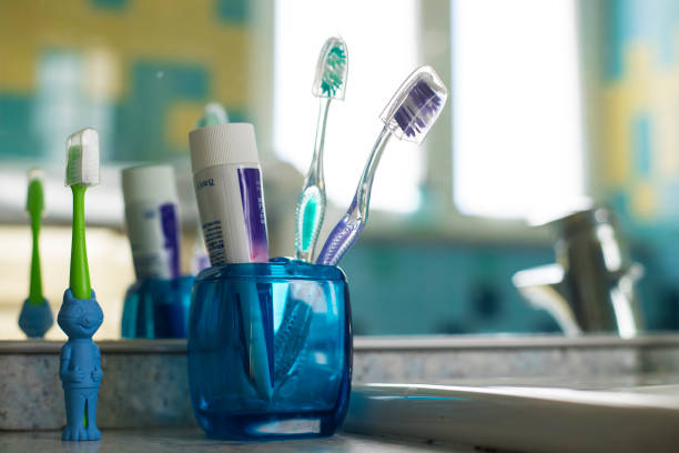 Family toothbrushes in bathroom, with two normal ones and an animal shaped children toothbrush