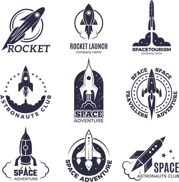 ilustraciones, imágenes clip art, dibujos animados e iconos de stock de logotipos de espacio. cohetes y vuelo shuttle luna descubrimiento negocios retro escudos vectoriales de imágenes monocromas - equipment group of objects space moon