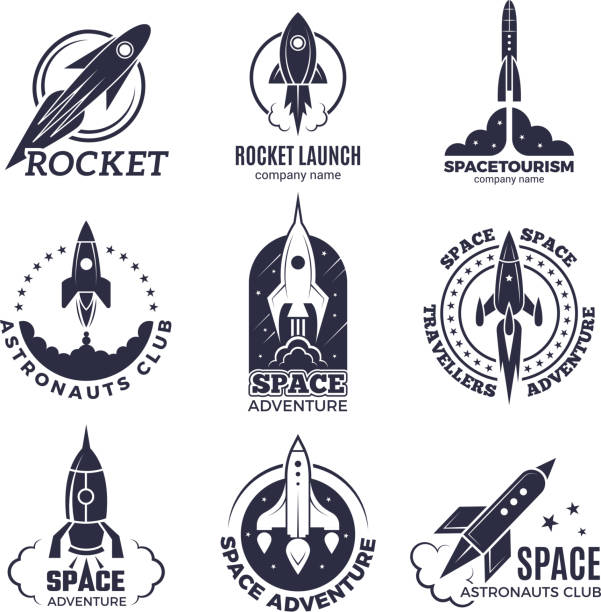 Space logotypes. Rockets and flight shuttle moon discovery business retro badges vector monochrome pictures Space logotypes. Rockets and flight shuttle moon discovery business retro badges vector monochrome pictures. Illustration of spaceship and rocketship badge, adventure exploration rocketship illustrations stock illustrations