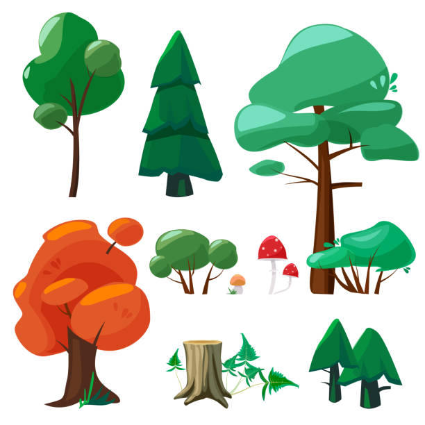 ilustrações de stock, clip art, desenhos animados e ícones de nature cartoon elements. game ui collection of trees shrubs hemp branches roots stones leaves puddles weather vector symbols cartoon - fungus roots