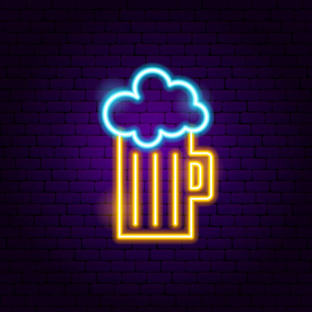 Beer Mug Neon Sign Beer Mug Neon Sign. Vector Illustration of Cafe Promotion. background of a cheers beer mugs stock illustrations
