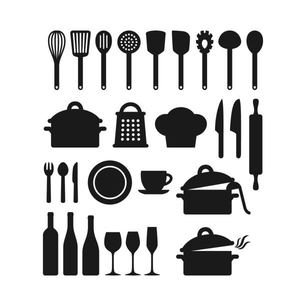 Kitchenware utensils pots and tools black silhouette icon set. Kitchen appliances. Kitchenware utensils pots and tools black silhouette icon set. Kitchen appliances, cutlery, silverware, cooking pan pod, bottles and glasses vector icons. chef silhouettes stock illustrations