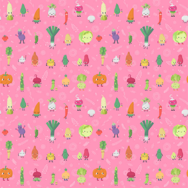 cartoon żywe warzywa & doodles wektorowy wzór bez szwu (różowy). - vegetable leek kohlrabi radish stock illustrations
