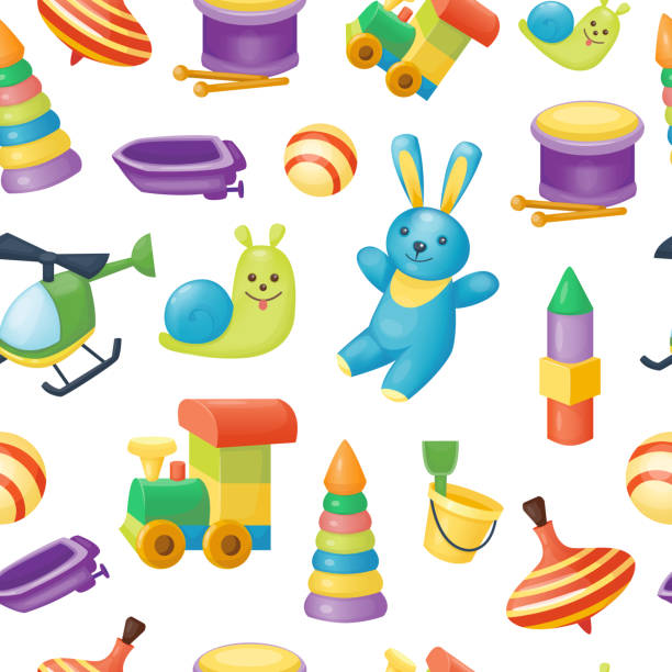 Seamless pattern of toys for kids games. Vector illustration, cartoon style Seamless pattern of toys for kids games. Vector illustration, cartoon style stuck in room stock illustrations