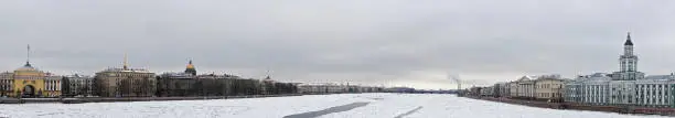 Panoramic shot of ice on Neva river between Palace and Annuncuation bridges, Saint Petersburg, Russia