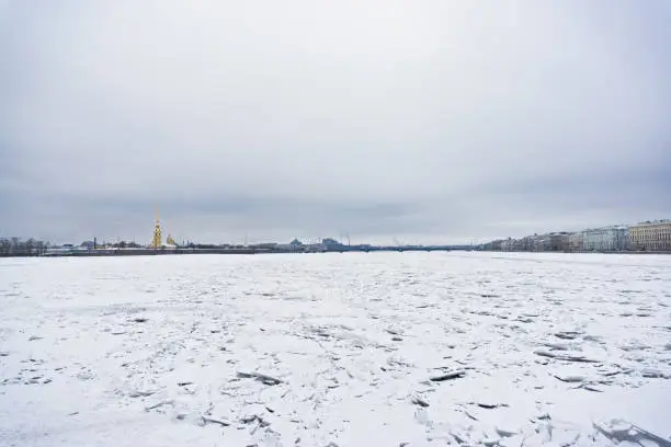 Neva river in ice between Palace and trinity bridges, Saint Petersburg, Russia