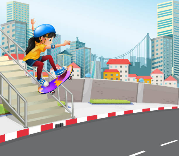 Girl playing skateboard in urban city Girl playing skateboard in urban city illustration skater girl stock illustrations