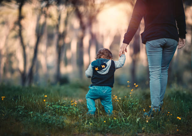 madre con figlio piccolo che cammina nella foresta - baby first steps autumn child foto e immagini stock