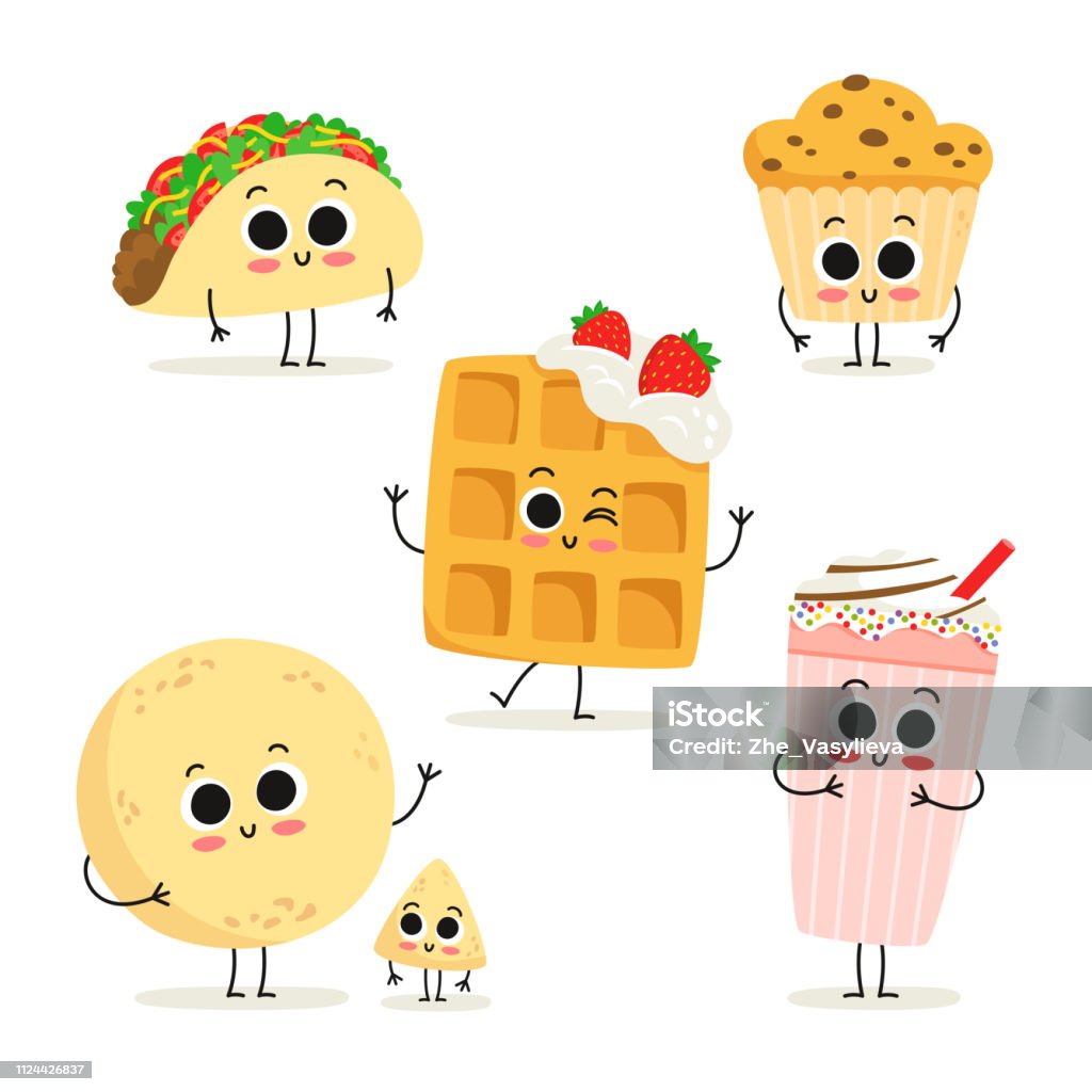 Set Of 6 Cute Cartoon Fast Food Snack Characters Isolated On White Stock  Illustration - Download Image Now - iStock