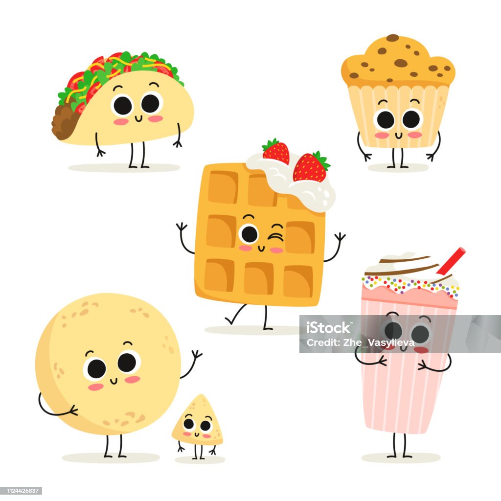 Set Of 6 Cute Cartoon Fast Food Snack Characters Isolated On White Stock Illustration - Download Image Now - iStock Set Of 6 Cute Cartoon Fast Food Snack Characters Isolated On White Stock Illustration - Download Image Now - iStock