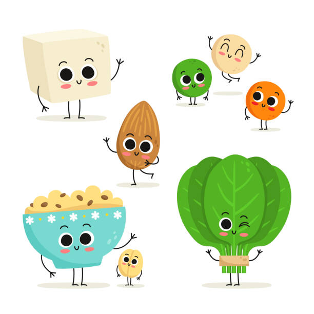 ilustrações de stock, clip art, desenhos animados e ícones de set of 5 cute cartoon vegan protein food characters isolated on white: tofu, lentils, almond, oats and spinach - espinafres