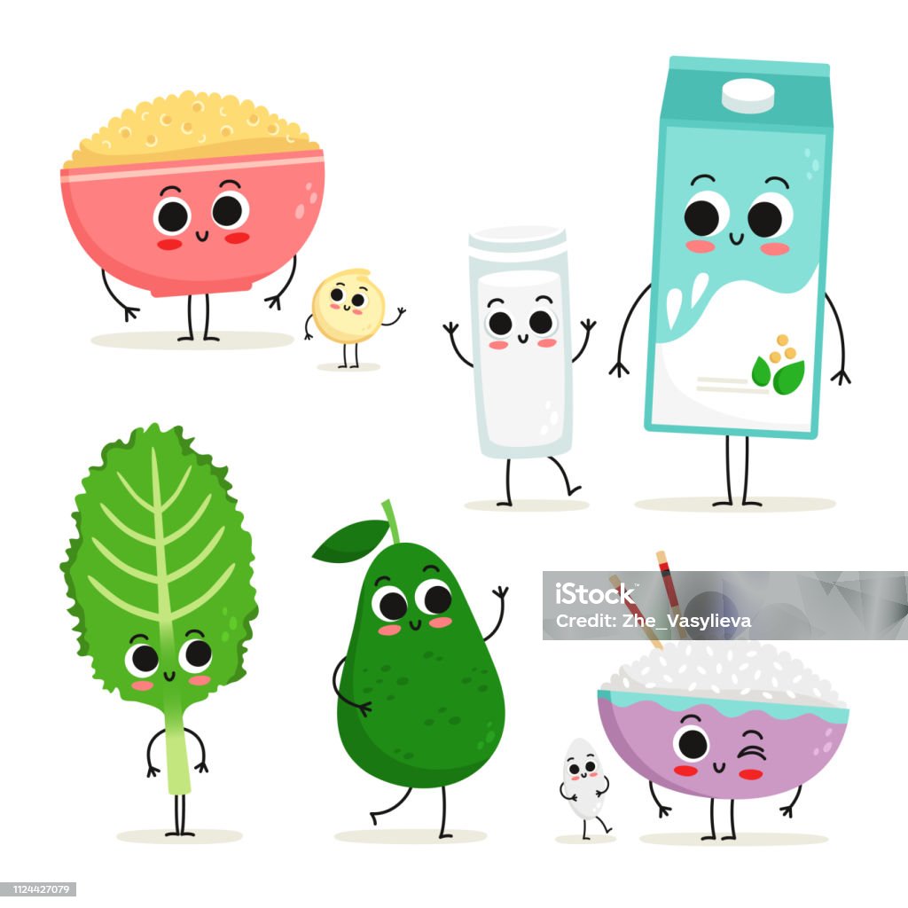 Ilustración de Conjunto De Dibujos Animados Lindo 5 Vegano Proteína  Alimentos Caracteres Aislados En Blanco Quinoa Leche De Soja Col Aguacate Y  Arroz y más Vectores Libres de Derechos de Arroz -
