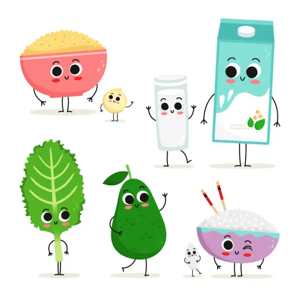 Vector illustration of Set of 5 cute cartoon vegan protein food characters isolated on white: quinoa, soy milk, kale, avocado and rice