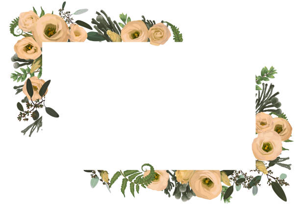 istock Vector card floral design with eucalyptus, branches boxwood, buxus, brunia, botanical green and flowers eustoma cream. Decorative horizontal frame, square. Cute greeting, postcard template 1124428961