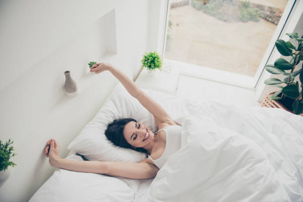istock Top above high angle view of her she nice sleepy attractive char 1124429100