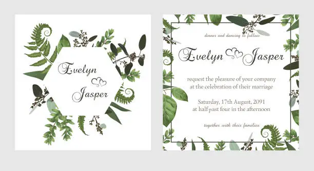 Vector illustration of set for wedding invitation, greeting card, save date, banner. Vintage square, round frame with green fern leaf, boxwo od and eucalyptus sprigs isolated on white background