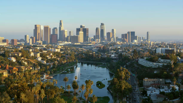 Aerial view of modern crowded cityscape with skyline in background, Los Angeles, California, USA.