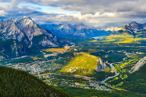 View over the town of Banff and the Canadian Rockies seen from Sulphur Mountain.You can go to the mountaintop with a gondola.