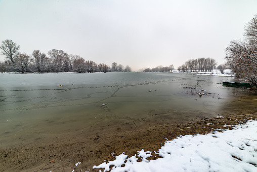 Danube island (Šodroš) near Novi Sad, Serbia. Colorful landscape with snowy trees, beautiful frozen river.