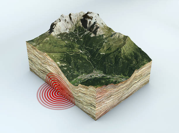 지진 지상 섹션, 쉐이크, 진원지와 지하자원 산 및 부각 - seismic waves 뉴스 사진 이미지