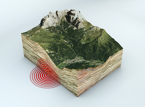 Earthquake ground section, shake, epicenter and subsoil, elements of this image are furnished by NASA. 3d rendering