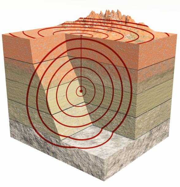 지진 지상 섹션, 쉐이크, 진원지와 지하자원 산 및 부각 - seismic waves 뉴스 사진 이미지