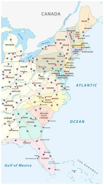 Vector illustration of Vector map of the East Coast, United States