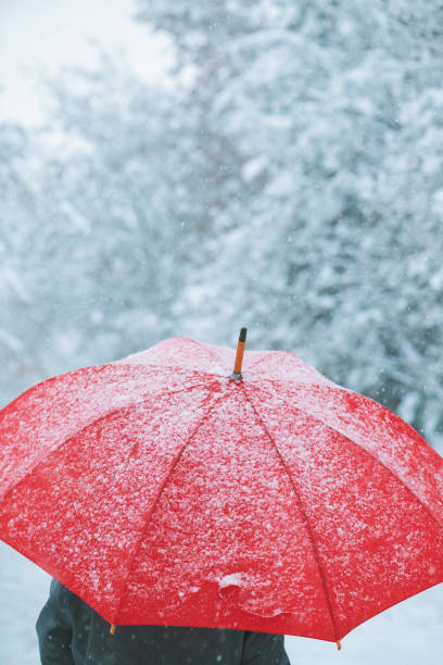 istock Woman under red umbrella in snow 1124436841