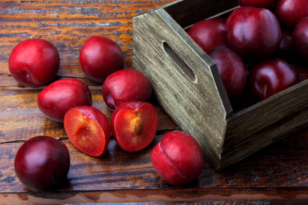 istock raw and fresh organic plums inside rustic fabric wooden box on rustic table. Close-up view 1124438863