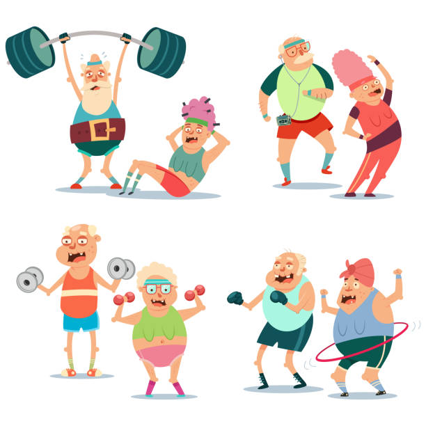 Fitness elderly couple man and woman doing exercise. Workout grandmothers and grandfathers vector cartoon cute character set isolated on a white background. Healthy lifestyle senior people. Fitness exercise for old couple man and woman set. Yoga and sports. Vector cartoon character. Workout illustration. cartoon of the older people exercising gym stock illustrations