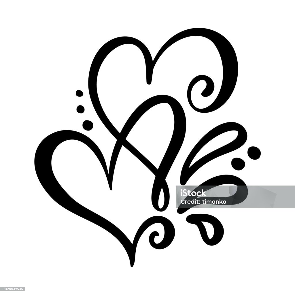 Two lover calligraphic hearts. Handmade vector calligraphy. Decor for greeting card, mug, photo overlays, t-shirt print, flyer, poster design Two lover calligraphic hearts. Handmade vector calligraphy. Decor for greeting card, mug, photo overlays, t-shirt print, flyer, poster design. Heart Shape stock vector