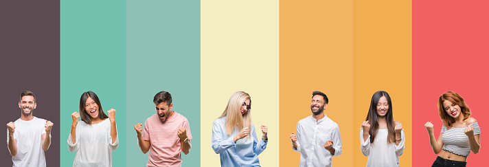 Collage of different ethnics young people over colorful stripes isolated background very happy and excited doing winner gesture with arms raised, smiling and screaming for success. Celebration concept.