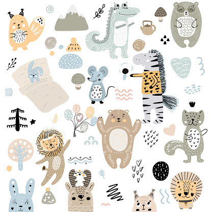 Scandinavian kids doodles elements pattern set of cute color wild animal and characters: zebra, bear, deer, squirrel, cat, rabbit, hare, crocodile, mouse, tree, mountains, lion.