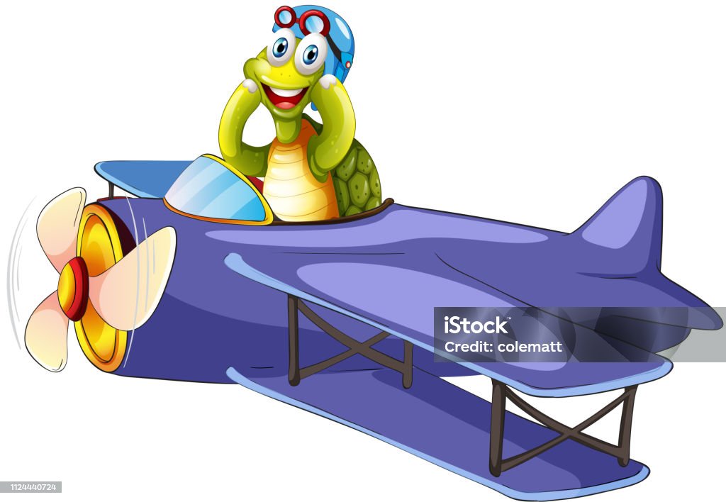 Turtle riding vintage airplane Turtle riding vintage airplane illustration Turtle stock vector