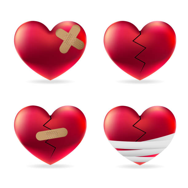 ilustrações de stock, clip art, desenhos animados e ícones de heart injury with adhesive elastic medical plasters and bandage vector set - bandage wound first aid gauze
