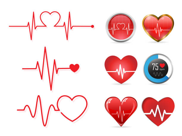 ilustraciones, imágenes clip art, dibujos animados e iconos de stock de conjunto de iconos de latidos del corazón y electrocardiograma, concepto de ritmo del corazón, ilustración vectorial - sistema de conducción cardíaco