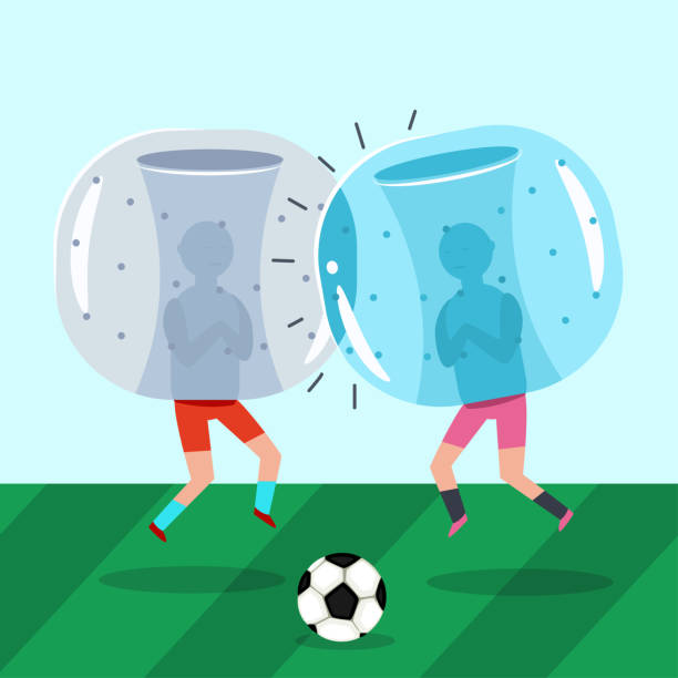 illustrazioni stock, clip art, cartoni animati e icone di tendenza di due ragazzi in tuta gonfiabile zorb giocano a calcio. palla paraurti una partita di calcio. illustrazione piatta del cartone animato vettoriale. - floatation device illustrations