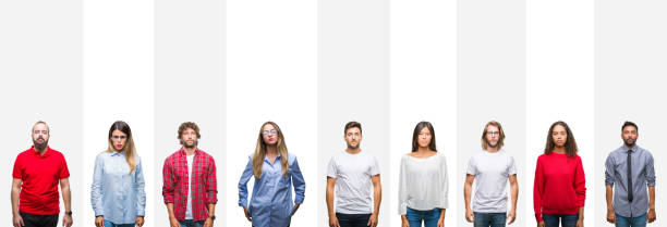 istock Collage of different ethnics young people over white stripes isolated background Relaxed with serious expression on face. Simple and natural looking at the camera. 1124445820