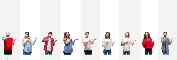istock Collage of different ethnics young people over white stripes isolated background amazed and smiling to the camera while presenting with hand and pointing with finger. 1124448051