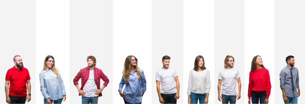 istock Collage of different ethnics young people over white stripes isolated background looking away to side with smile on face, natural expression. Laughing confident. 1124448290