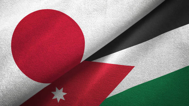 jordan and japan two flags together textile cloth, fabric texture - japanese flag flag japan textile imagens e fotografias de stock