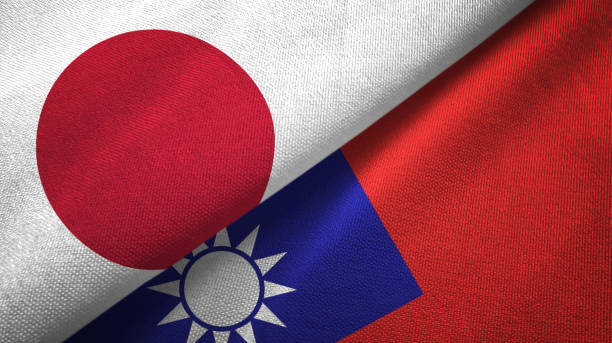 taiwan and japan two flags together textile cloth, fabric texture - japanese flag flag japan textile imagens e fotografias de stock