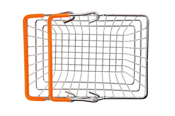 istock One empty market basket made from chrome metal wire and orange rubber handle isolated on white background. Top view 1124450550